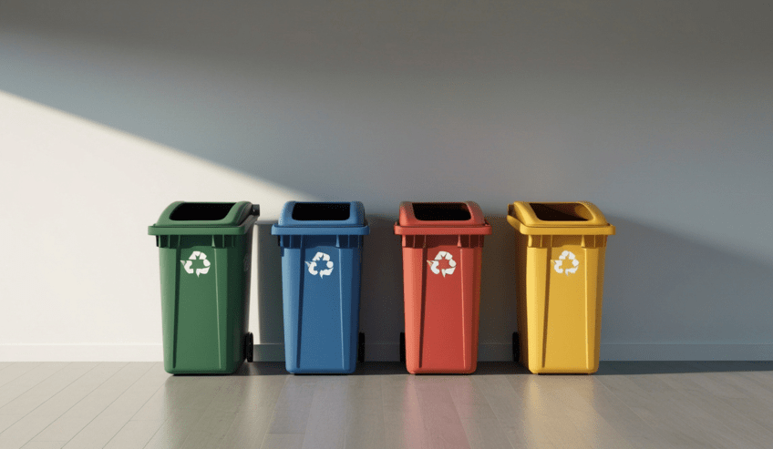 Color coded different type of recycling bins