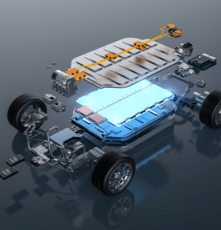 3D exploded view rendering of an electric vehicle (EV) chassis, highlighting the battery pack and undercarriage components